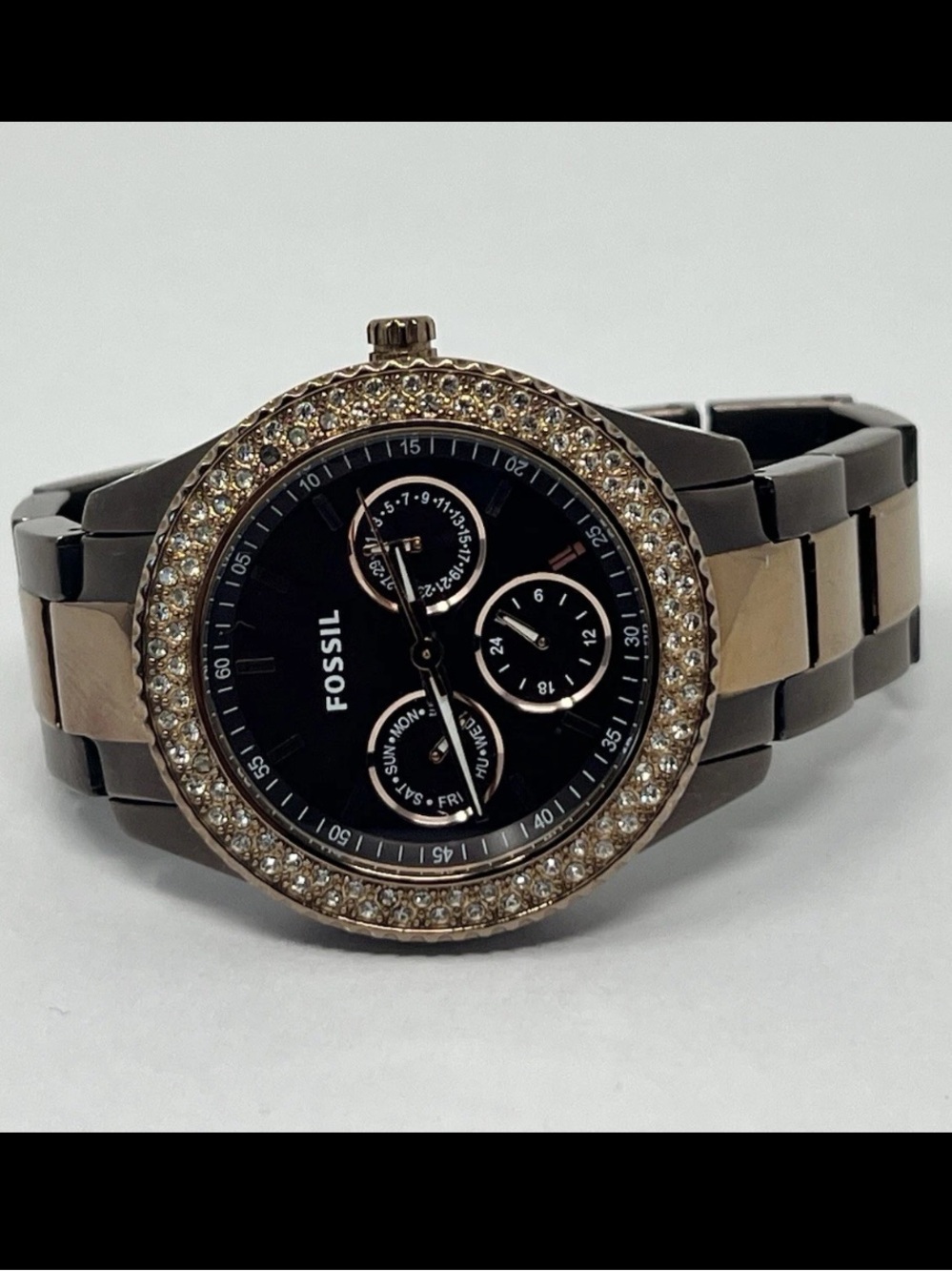 Fossil Womens Watch ES2955 38mm Black Dial Bronze  Gold Brown Crystals Ladies 5”